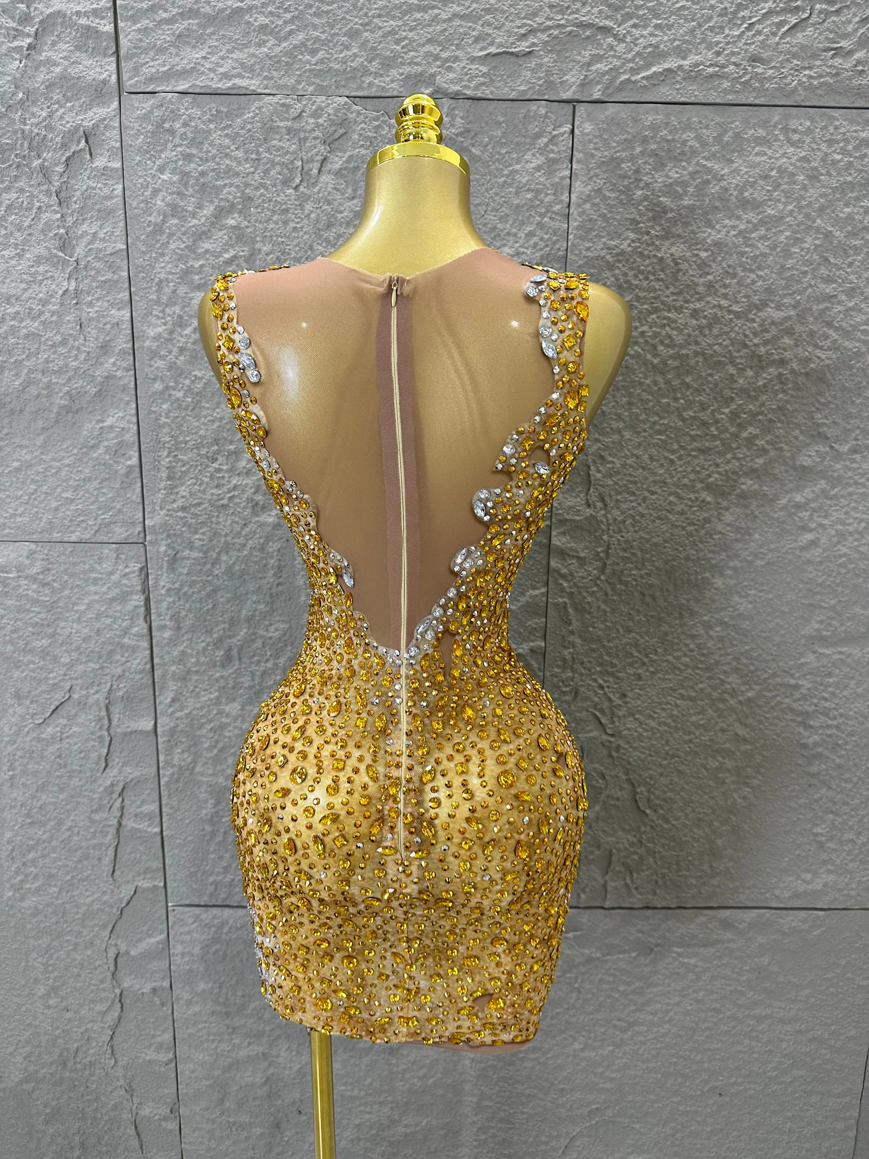 2026 New Sexy Fashion Gold Sparkly Dance Show Stage Costume Women Birthday Party Rhinestones Tassels Transparent Short Dress
