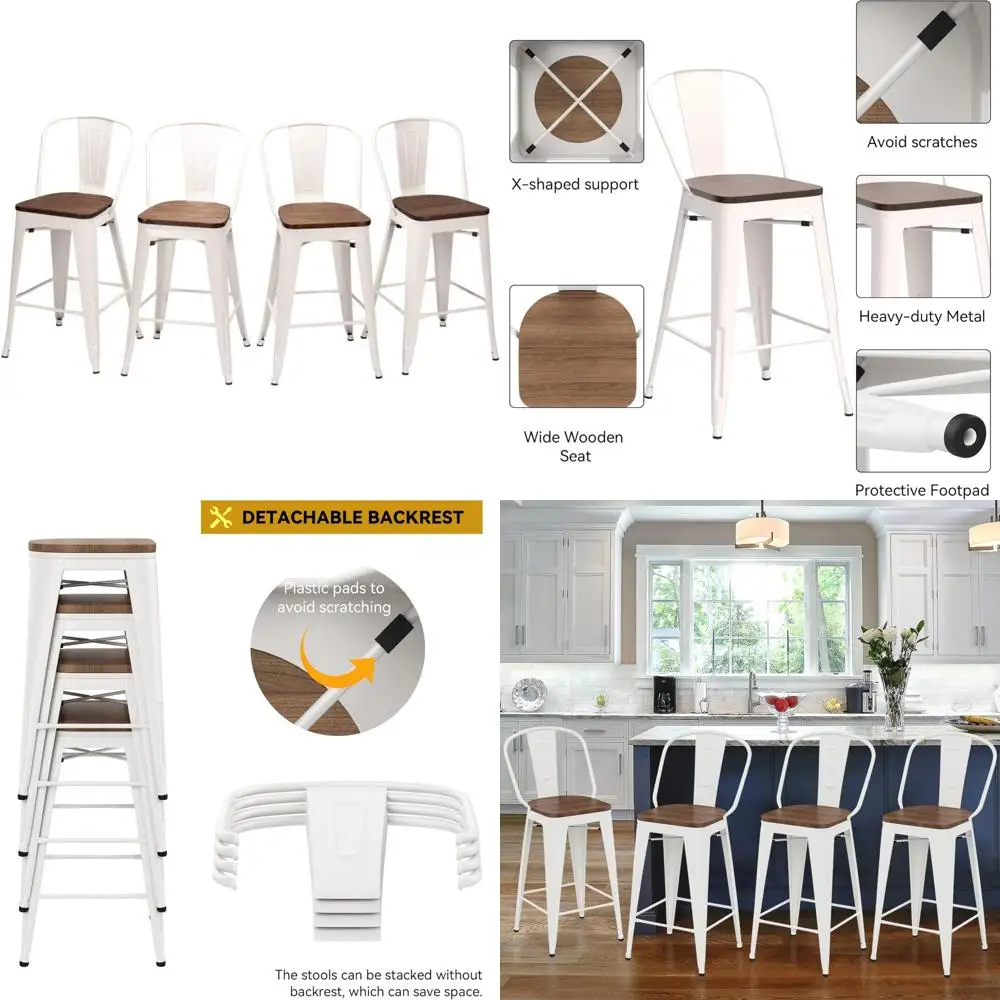 مقاعد بار معدنية بارتفاع عداد على الطراز الصناعي مع مقاعد خشبية، مجموعة من 4 قطع، 24 مرتفعة