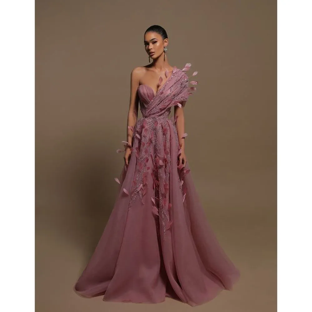 Elegant Women Prom Dress Luxury Sequined Feathers Floor Length A-Line Evening Gowns Fashion Appliques Beading Party Dress