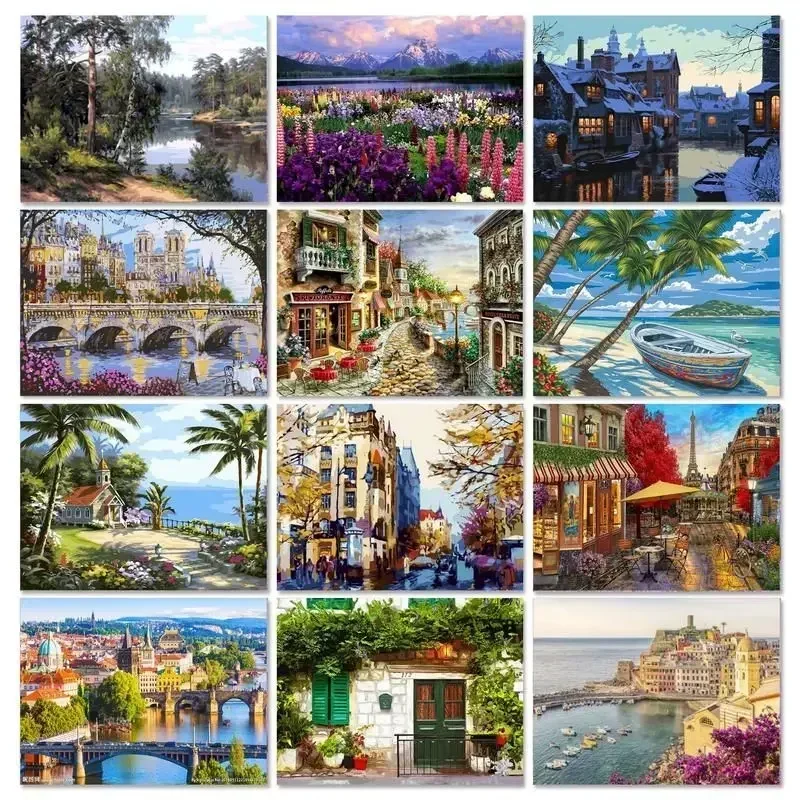 

389275 Acrylic Paints Town Landscape Picture Drawing On Canvas HandPainted Oil Painting Coloring By Number Kits