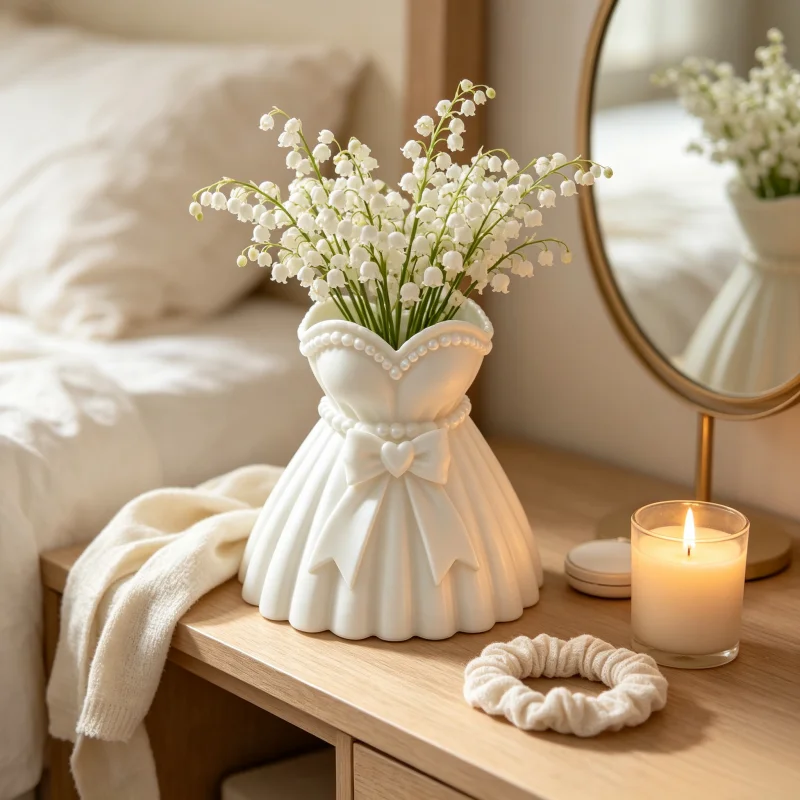 Elegant Girly Style Heart-Shaped Bow Pearl Dress-Shaped Vase, Decorative Desktop Flower Arrangement Container, Practical Storage Tube, for Storing Makeup Brushes, Eyebrow Pencils, and Stationery