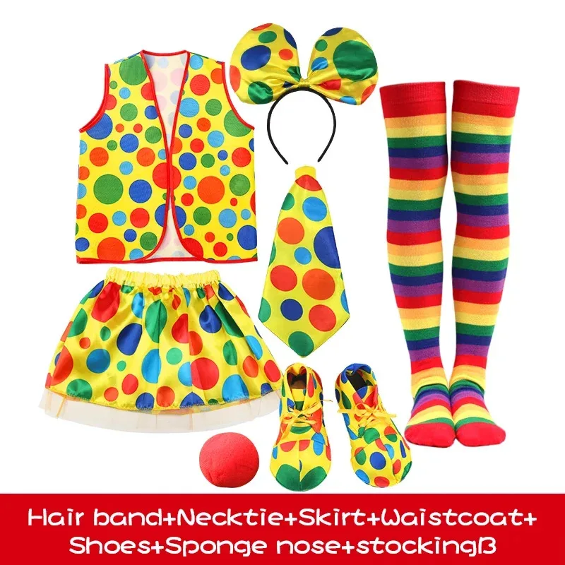 

Adults Halloween Circus Clown Costume with Wig Mask Nose Bow Tie Accessories Carnival Festival Outfits Props