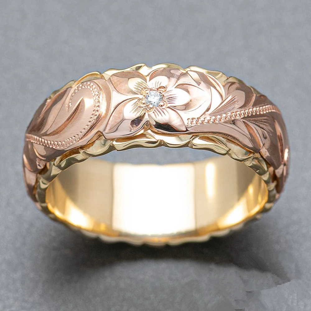 Huitan Zweifarbiger Damenring mit graviertem Blumendesign, vielseitiges Hochzeitszubehör für den Alltag mit glänzendem CZ, modischer, schicker Damenschmuck