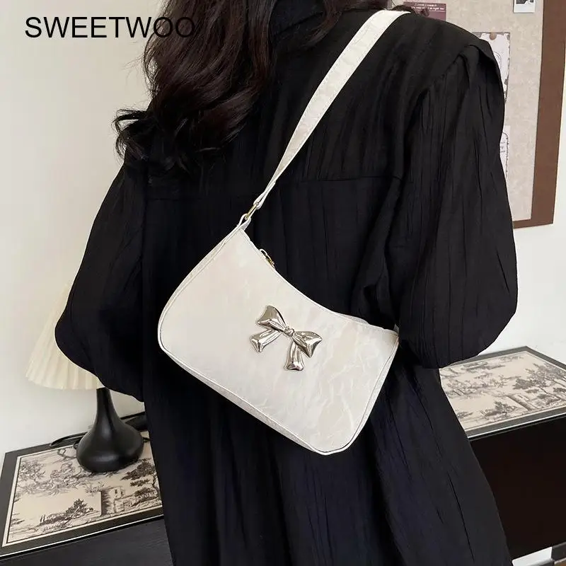 Bow Decor Pu Underarm Shoulder Bag Y2K Style Chain Crossbody Bag Cute Design for Young Girls Daily Outing