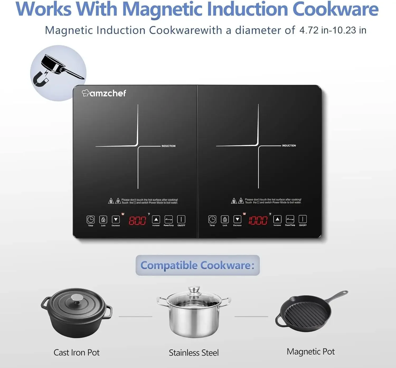 Induction Cooktop AMZCHEF Induction Cooker 2 Burners, Low Noise Electric Cooktops With 1800W Sensor Touch, 20 Temperature & Powe