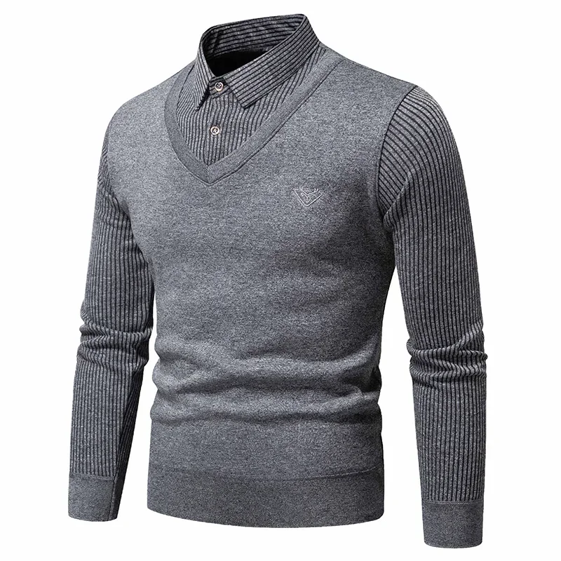 2024Men Twinset Sweaters Outwear Casual Pullovers Shirts Good Quality Male Winter Warm Fake Two Pieces Sweaters Sweatercoats 4XL