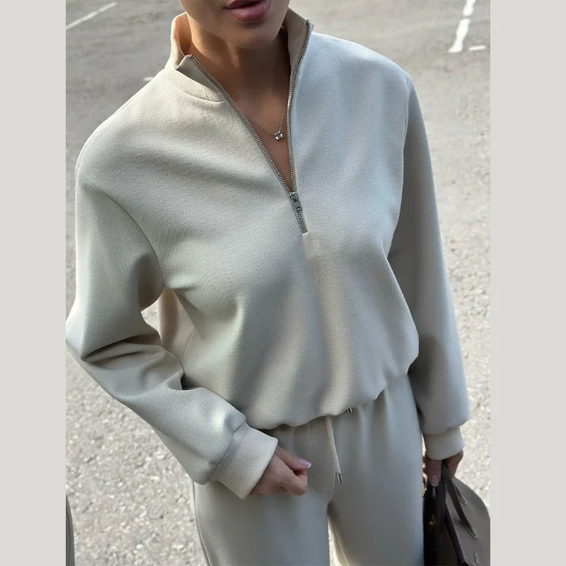 

Женские комплекты свитшотов и брюк, повседневный топ с воротником на половину молнии, брюки с регулируемым эластичным поясом, новинка 2025, осень-зима, женский Ouffit