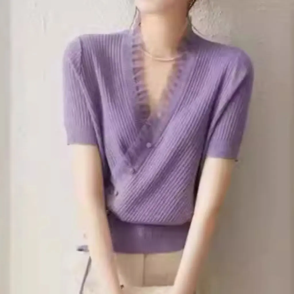 

Summer Commuter Women's V-neck Knit Sweater Design Hem Drawstring Oblique Placket Ear Edge Cardigan