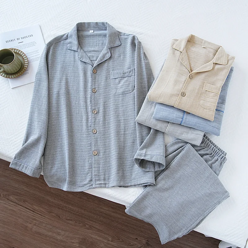Men Oversize Pajamas Set Cotton Comfy Homewear Solid Color Lapel Sleepwear Long Sleeves 2 Pcs Shirt&pants Loungewear Sleep Suit