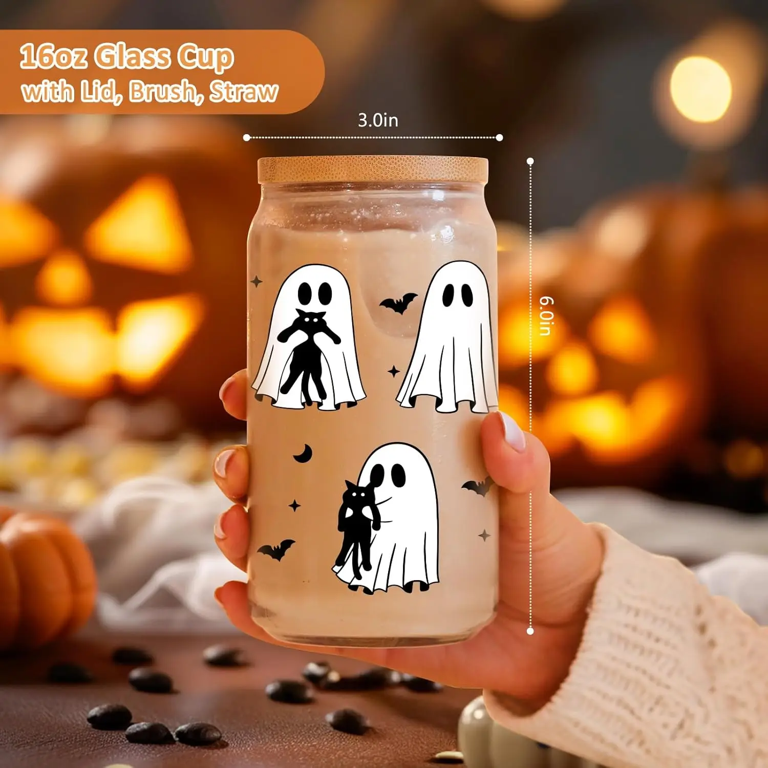 كوب قهوة مثلج على شكل قطة سوداء للهالوين، كوب زجاجي مخيف سعة 16 أونصة مع غطاء من القش، حشو سلة بو، عيد ميلاد قوطي لطيف أسود