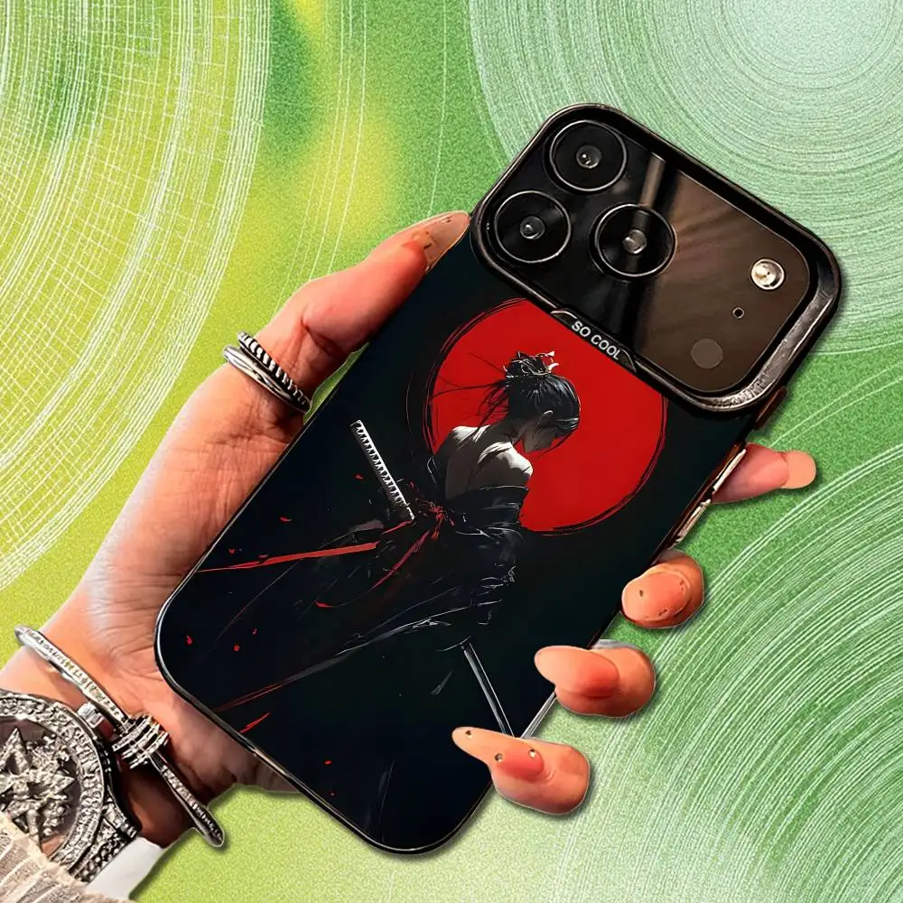 Art Warrior Woman Japanese Phone Case For iPhone 14,17,13,12,11,16,15,Mini,Pro,SE,XS,MAX,Black Matte Silicone Cover