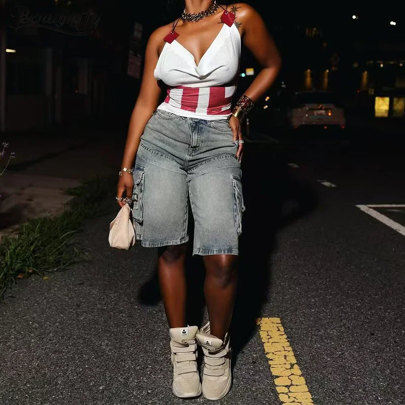 

Benuynffy Streetwear Washed Cargo Denim Shorts Women's Summer Bf Style American Fashion Knee-length Straight Wide-leg Shorts