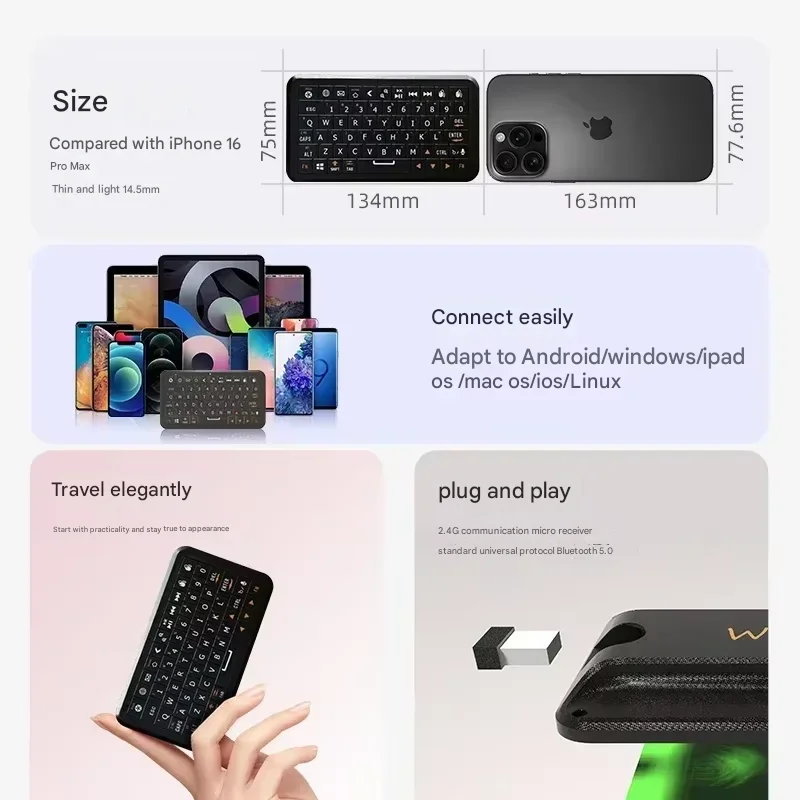 Winmaxle ModelB1 Mini Keyboard Nirkabel 2.4G Bluetooth Smart Keyboard RGB Multi-sistem Kompatibel Portabel Genggam Keyboard