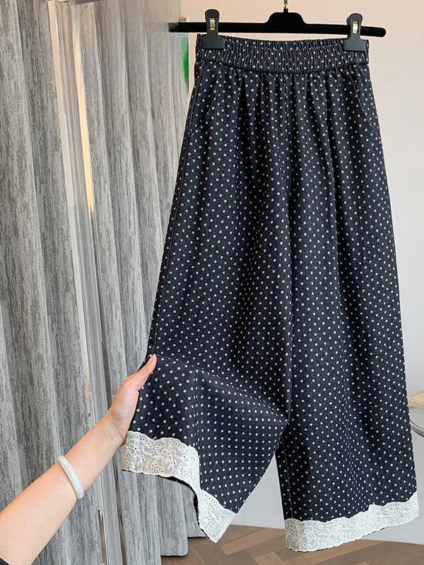 

Polka Dot Lace Splice Nine Points Jeans plus Size Women's Wide Leg Pants Summer Faionable Elastic High Waist Straight Leg P...