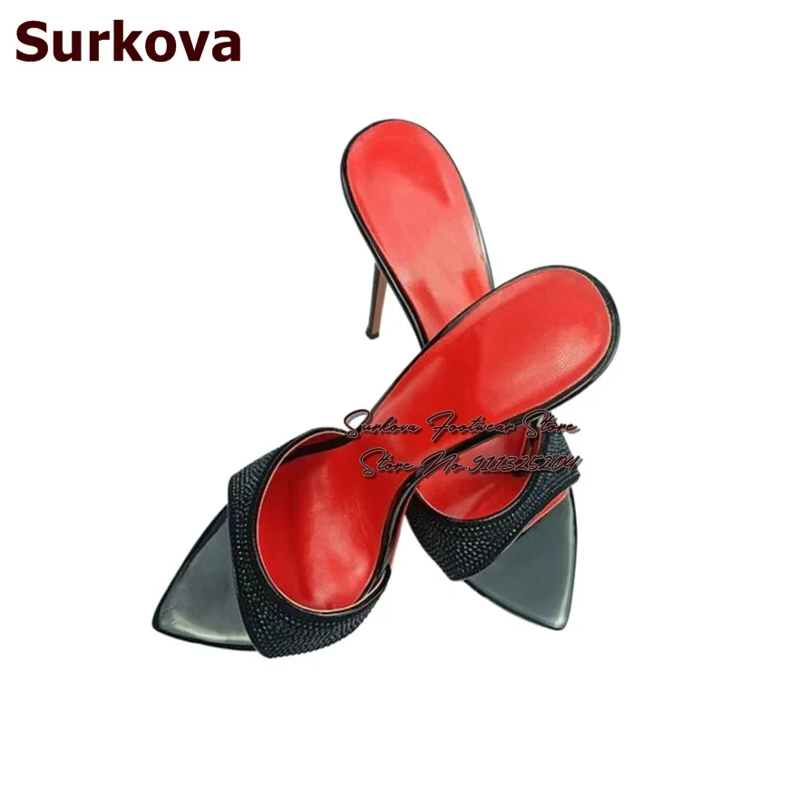 Surkova Black Crystal Bling Bling Slip-On Modern Slippers Stiletto Heel Pointed Toe Shallow Sandals Patchwork Rhinestone Mules