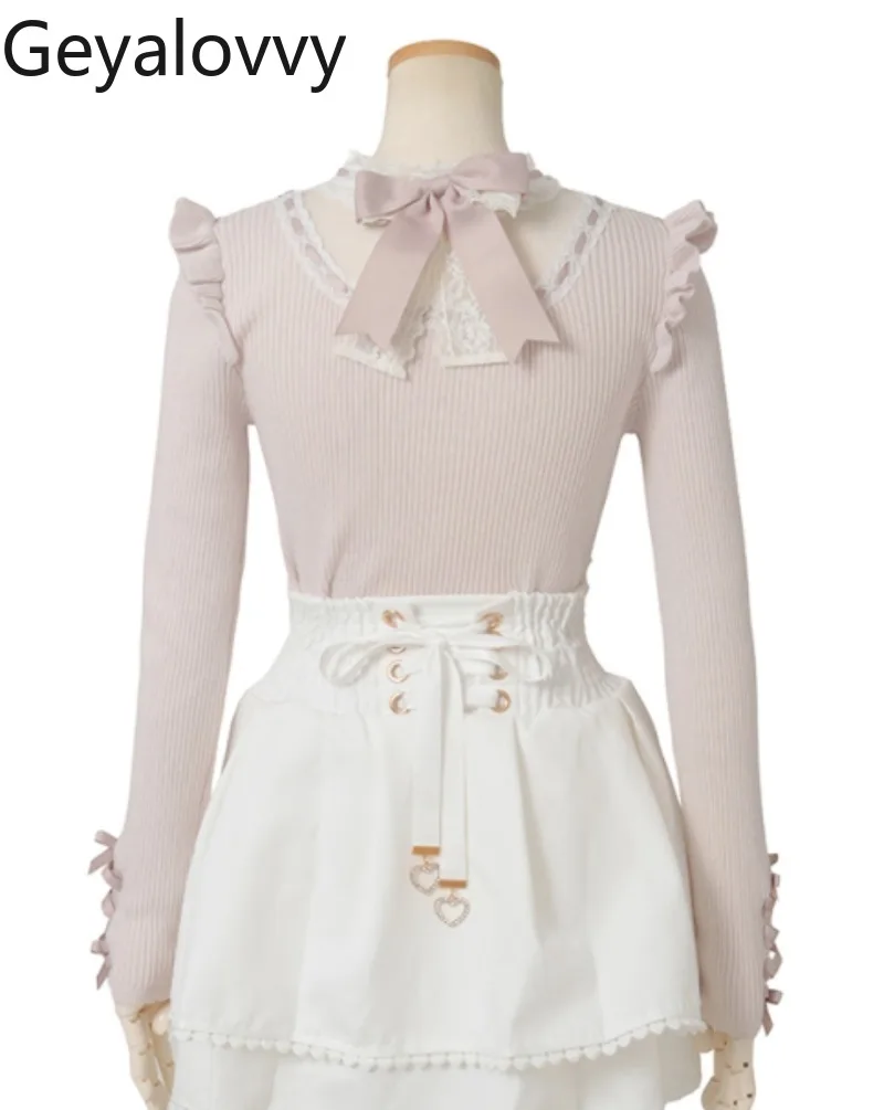 Pull tricoté en dentelle pour filles, mignon et doux, avec nœud polyvalent, Patchwork, col rond, manches longues, nouvelle collection automne