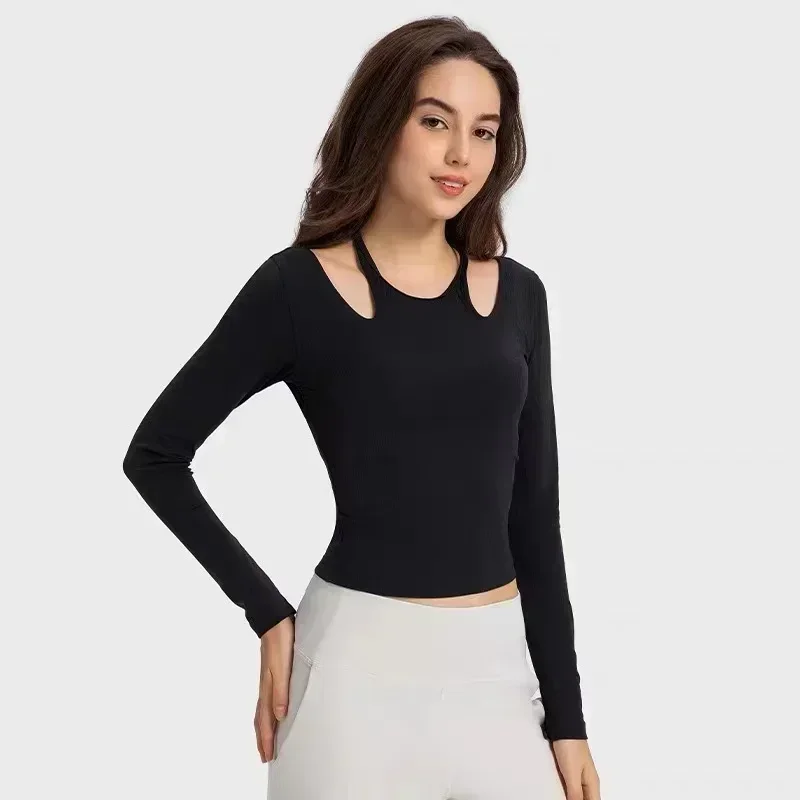 

Women Halter Neck Long Sleeve Yoga Shirt Ribbed Fabric Stretch Halter Neck U-shaped Back Fitness Sport T-shirt Fitness Top