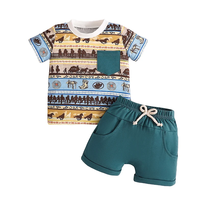 Toddler Boy Western Outfit Animal Booties Print Short Sleeve Tops with Solid Color Shorts 2 Pcs Clothes