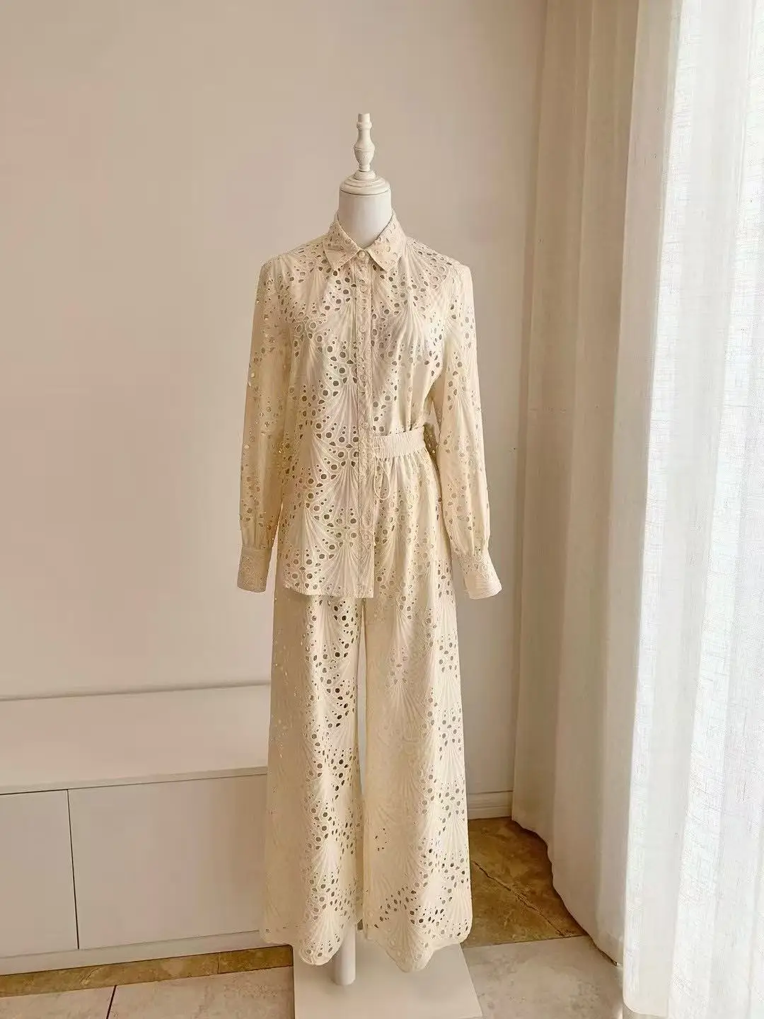 

Women's Cotton Long Sleeve Embroidered Hollow out Shirt with Pants Autumn New Style Ladies' Suit 2025