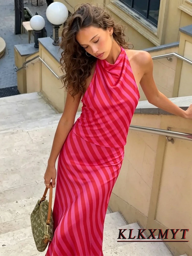 Women Fashion Satin Stripe Sets Sexy Hanging Neck Collar Backless Sleeveless Halter Top+Long Skirts Summer Vacation New 2 Pieces image 6