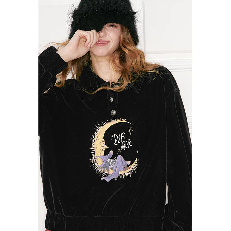 ELFSACK المرأة بولو طوق البلوز 2025 الشتاء المخملية اللمس الكرتون طباعة روز زر الحلو ريترو بلوزة كاجوال