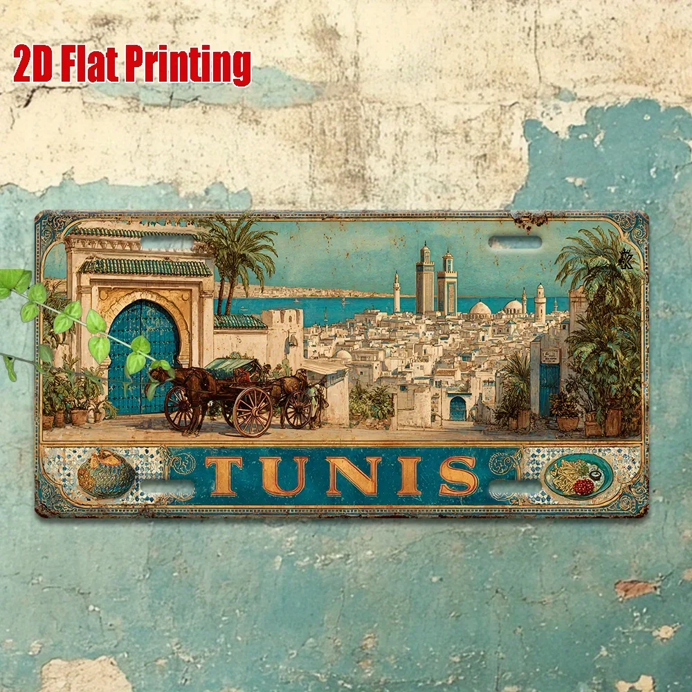 2D flat piece, vintage metal license plate, TUNIS aluminum logo with market and mosque scene, suitable for homes, bars, cafes