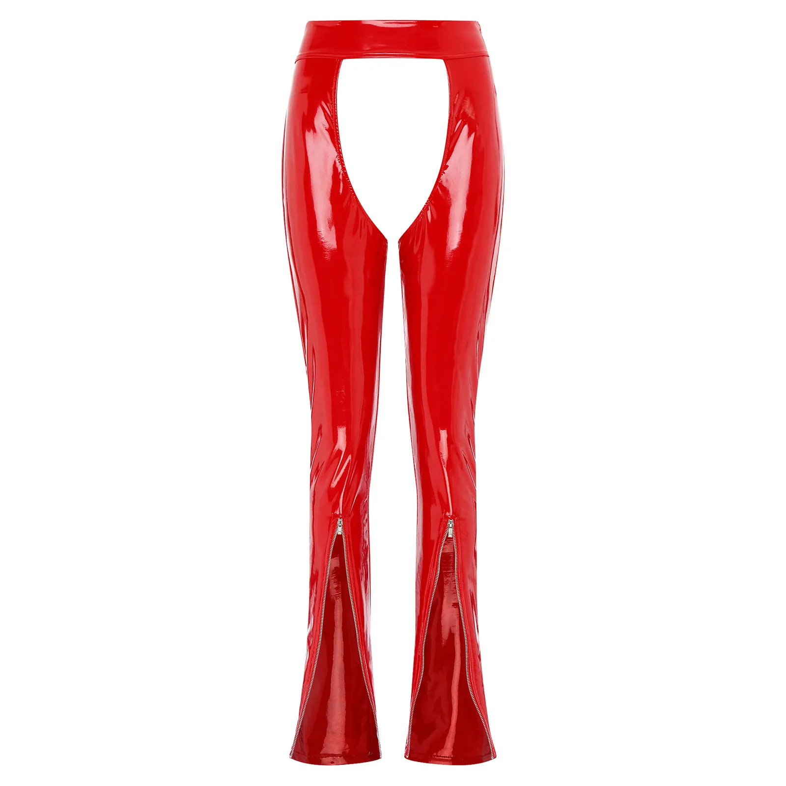 Sexy Womens Wet Look Patent Leather Pants High Waist Cutout Leggings Crotchless Open Butt Skinny Erotic Tight Pole Dance Trouser