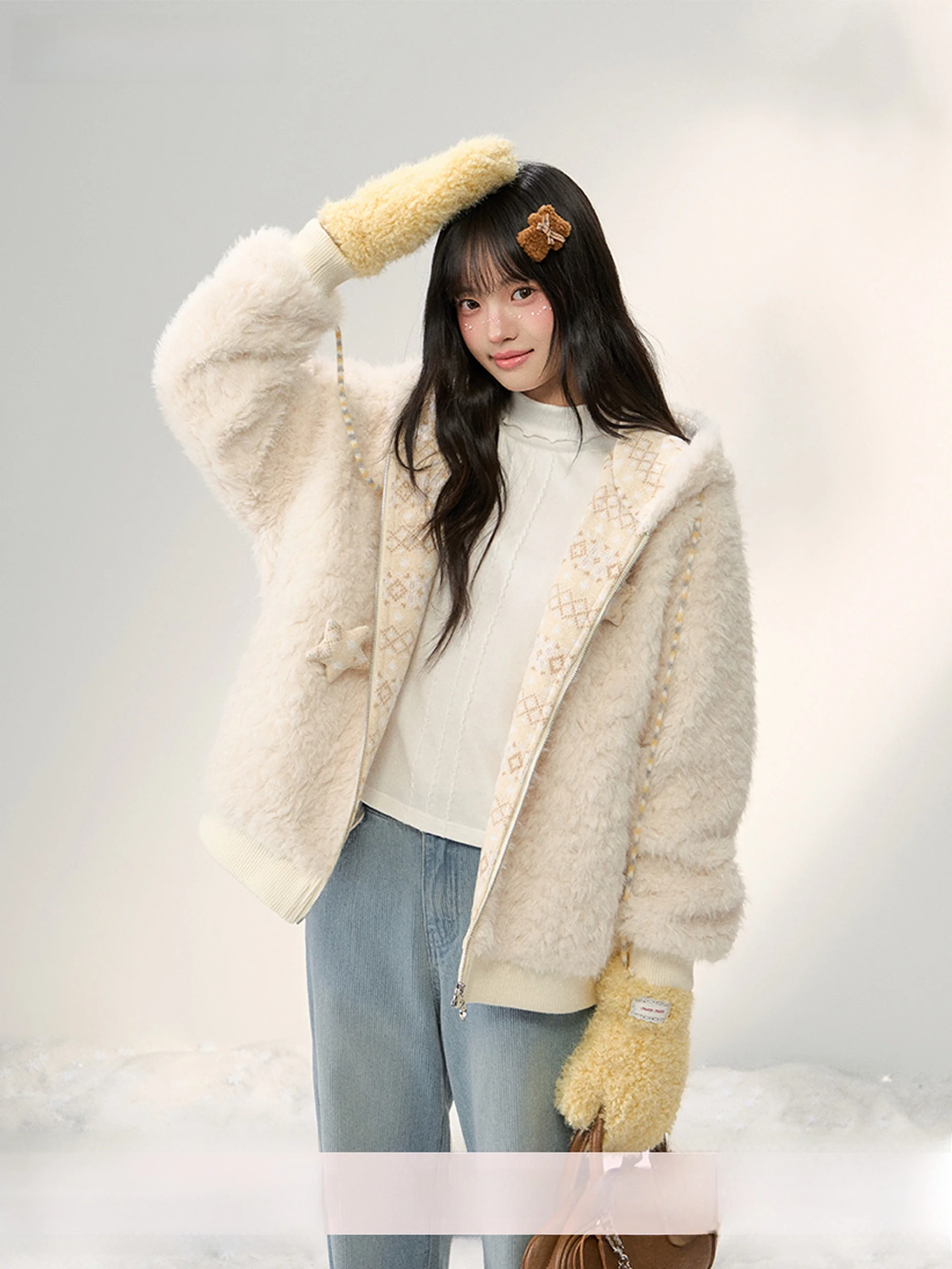 

Umoumo Casual Knitted Patchwork Star Pin Hat Coat Fluffy Outerwear Comfortable Cotton Workwear Long Sve Zipper Closure
