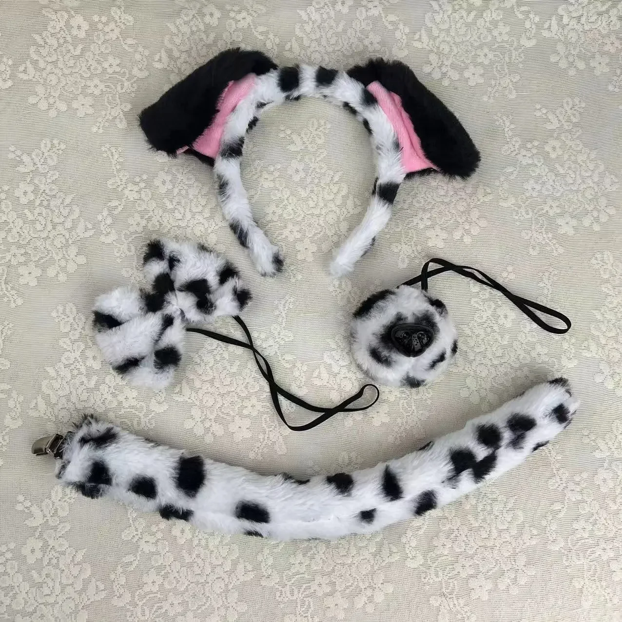 Kids Adult Halloween Black White Dog Ears Headband Dalmatian Costume Set Bowtie and Tail Accessories Set Cosplay Party