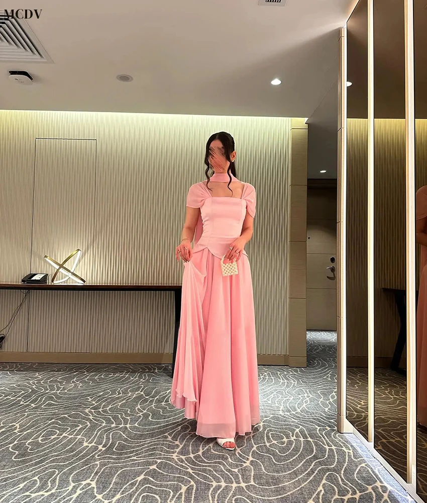 맞춤형 우아한 쉬폰 A라인 리본 이브닝 드레스 고품질 스퀘어 넥 짧은 소매 바닥 길이 연예인 가운