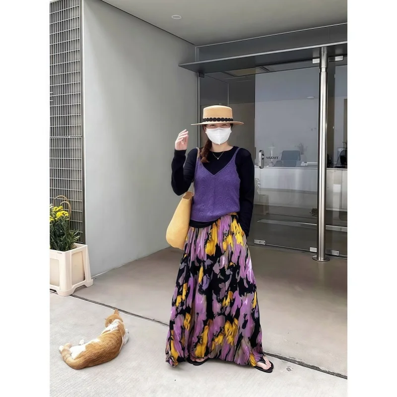 プリーツ加工のレトロな肉感遮蔽ハーフスカート 2025年新作 ファッション スリムプリントロングスカート