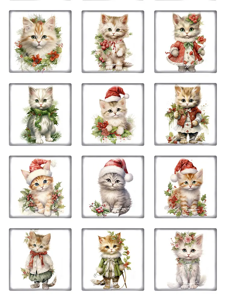 10pcs/lots Christmas X-mas Cat Kitten Winter Square Photo Glass Cabochon Charms Demo Flat Back Cameo For Diy Jewelry Making