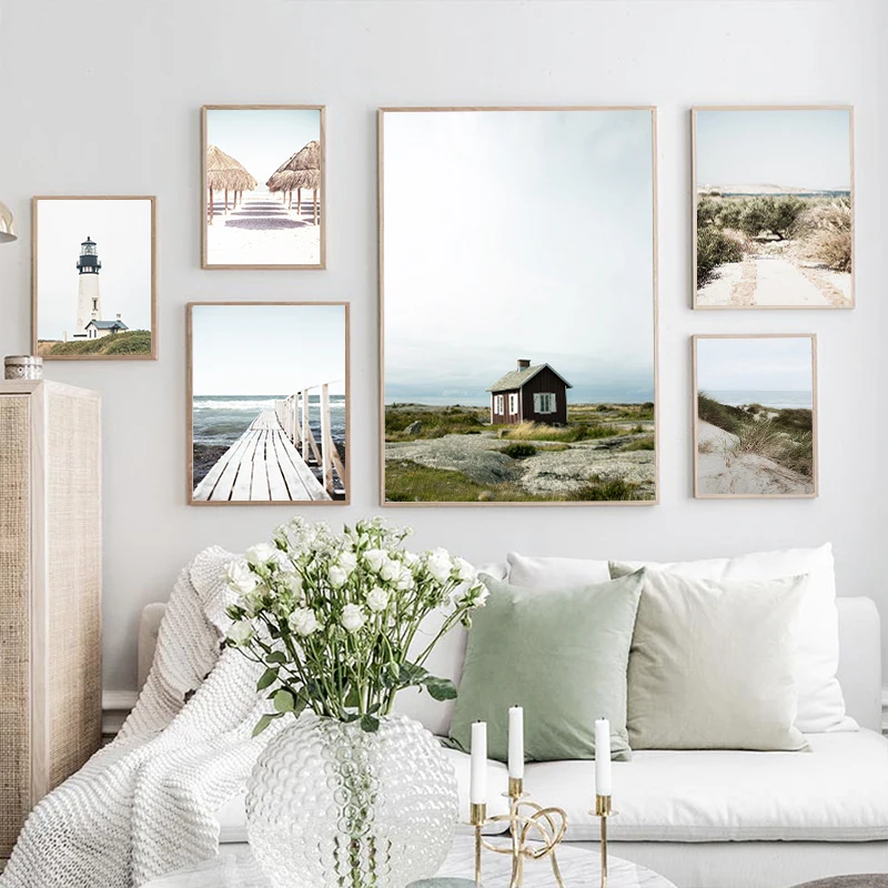 

6Pcs/Set Nordic Minimalist Poster Beach Lighthouse Natural Scenery Canvas Poster Picture Wall Decoration, Modern Home Decoration