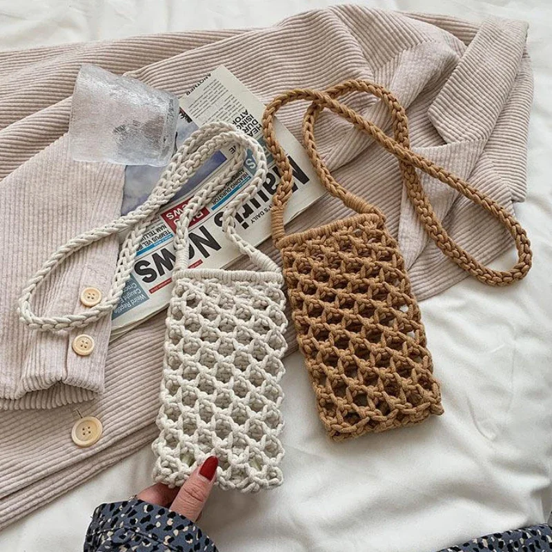 

Women Fashion Small Crossbody Phone Bag Solid Color Hollow-out Woven Crochet Lightweight Braided Shoulder Handbag Crossbody Bags