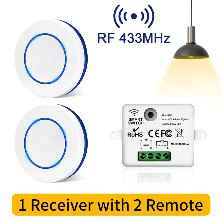 RF 433MHz 220V 110V Mini Round Button 10A Relay Receiver Wireless Remote Control Light Switch Wall Panel Switch For LED Lamp