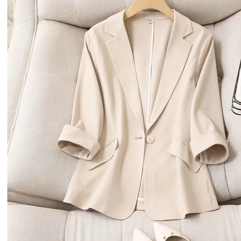 Spring Summer Women Seven Points Sleeve Small Suit Coat Korean Female Solid Color Blazer Jacket Ladies New Leisure Fashion Tops