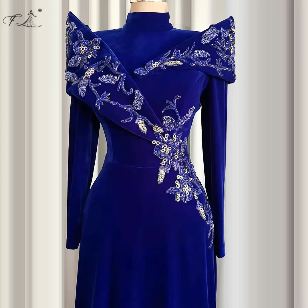 Бархатное вечернее платье с высоким воротом для официальных мероприятий, темно-синее элегантное платье для мамы с длинными рукавами и блестками и стразами