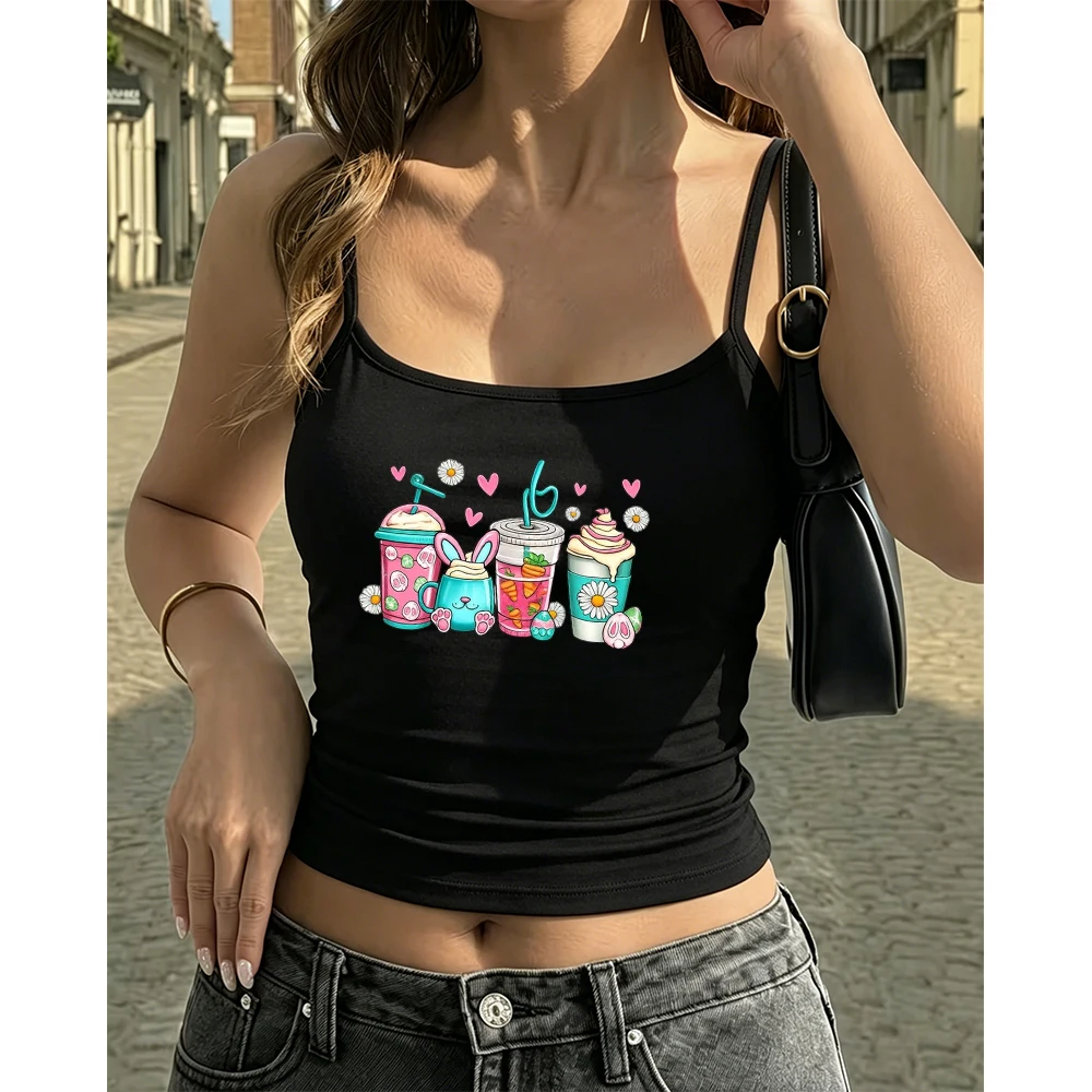Chic Easter Bunny Coffee Camisole Aesthetic Floral Drink Graphic Tank Top Lovely Sleeveless Holiday Birthday Gift for Women