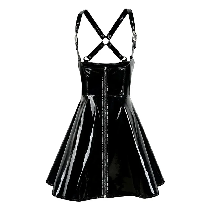 

Sexy Womens Dress Clubwear Wetlook Latex Bodycon Costume Breast Exposing Zipper Skinny Faux Leather Sleeveless Flared Dresses