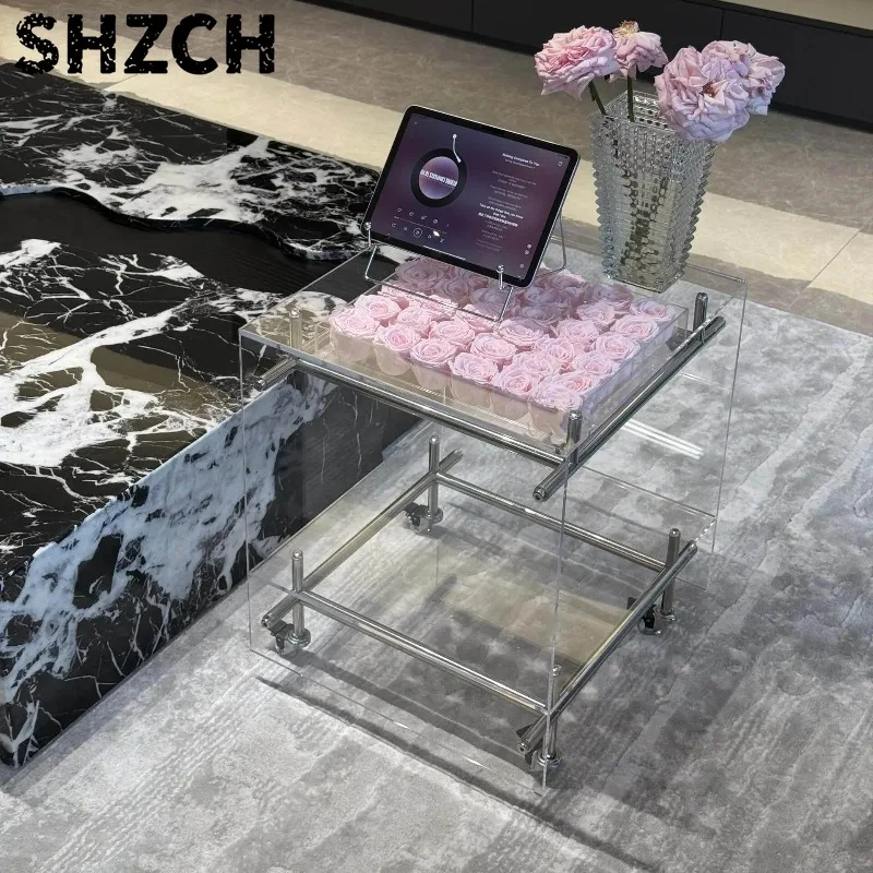 Acrylic Rolling Cart Clear 2Tier Trolley with Wheels Modern Side Table for Living Room Mobile Storage Organizer for Sofa Bedroom