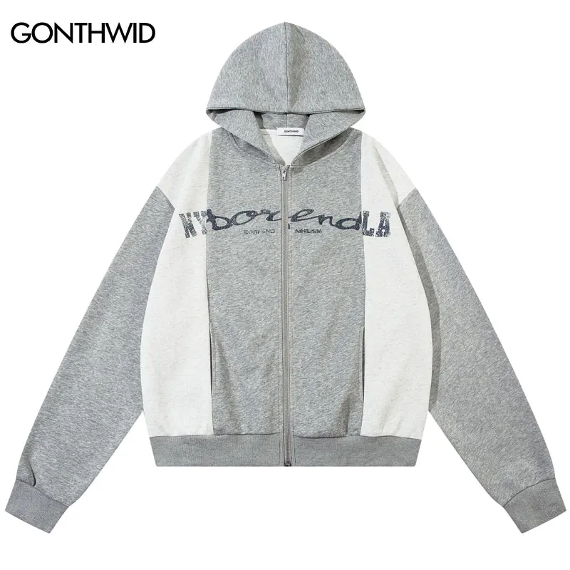 Hip Hop Hoodie Jacket Graphic Printed Patchwork Full Zip Up Hooded Sweatshirt Coat Streetwear Men Harajuku Casual Baggy Hoodies