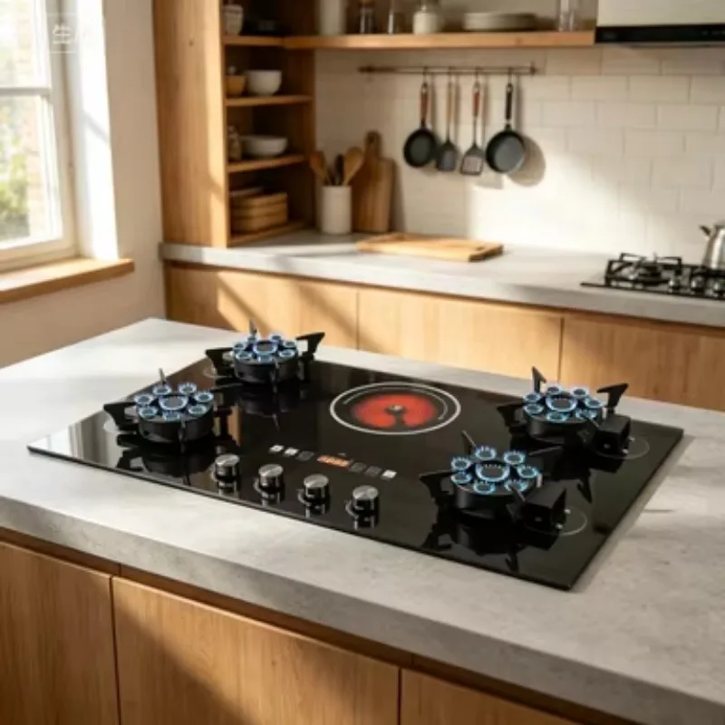 Built-In 4 Gas & 1 Electric Glass Hob Stove 4 Flip-Up Burners Electronic Ignition Multifunctional Fast Heating for Household Use