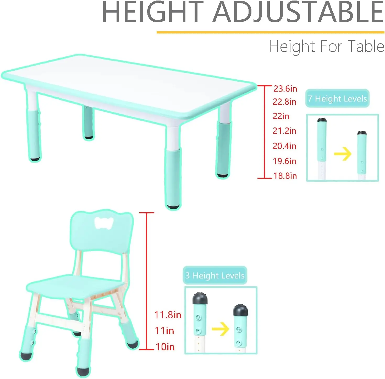 Kids Table And Chairs, Kids Table And Chair Set For Boys And Girls Age 2-12, Height Adjustable Table With 6 Seats, Preschool