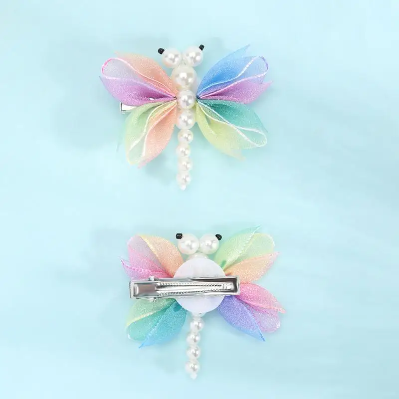 Faux Pearl Accent Dragonfly Hair Clips 2Pcs Gradient Colorful Wing Barrettes for Bridesmaid Wedding Hair Decor Gifts
