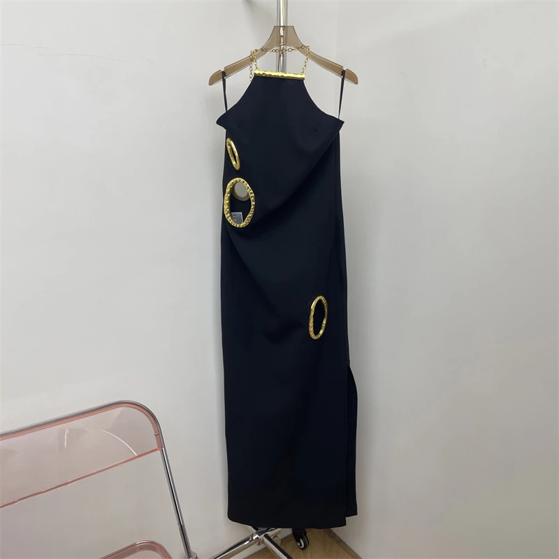 

Весеннее новое модное сексуальное длинное платье без рукавов с металлическим кольцом на шее, вырезами и асимметричным кроем, в стиле подиумной моды