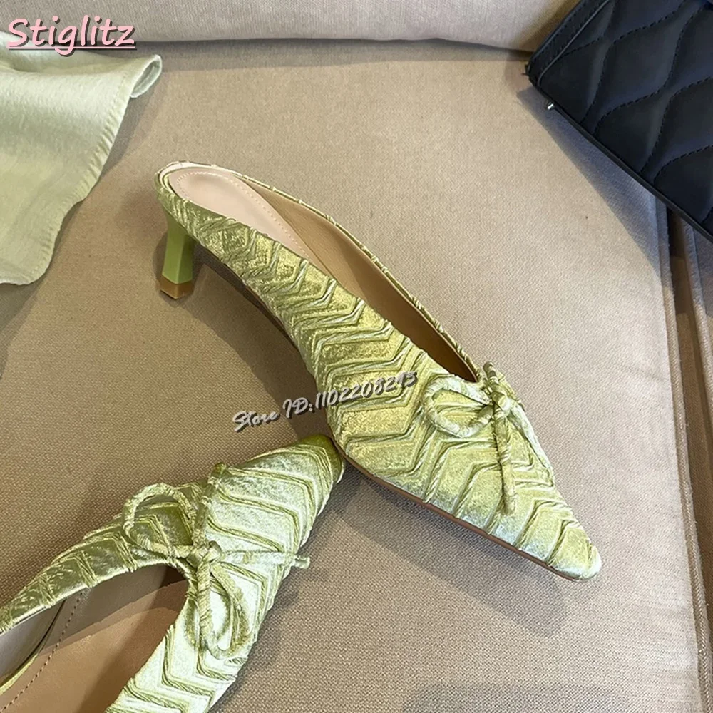 

Атласные зеленые тапочки с бантом, однотонные туфли-лодочки на среднем каблуке с острым носком, лето 2021, женская повседневная обувь на тонком каблуке на шпильке