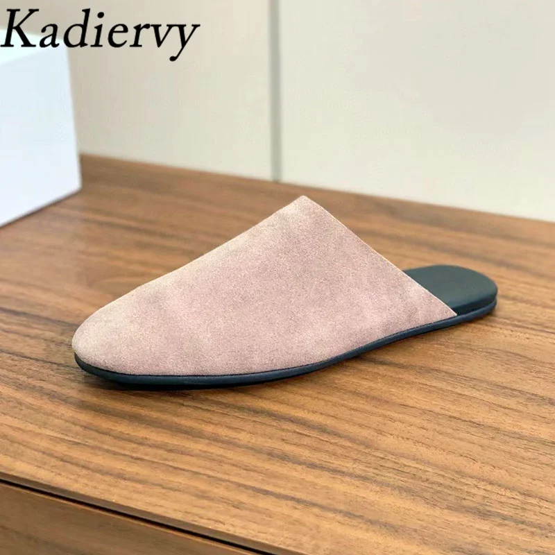 

Summer New Slippers Women Kid Suede Flat Slides Street Style Outdoor Leisure Mules Shoes Round Toe Comfort Half Slippers Woman