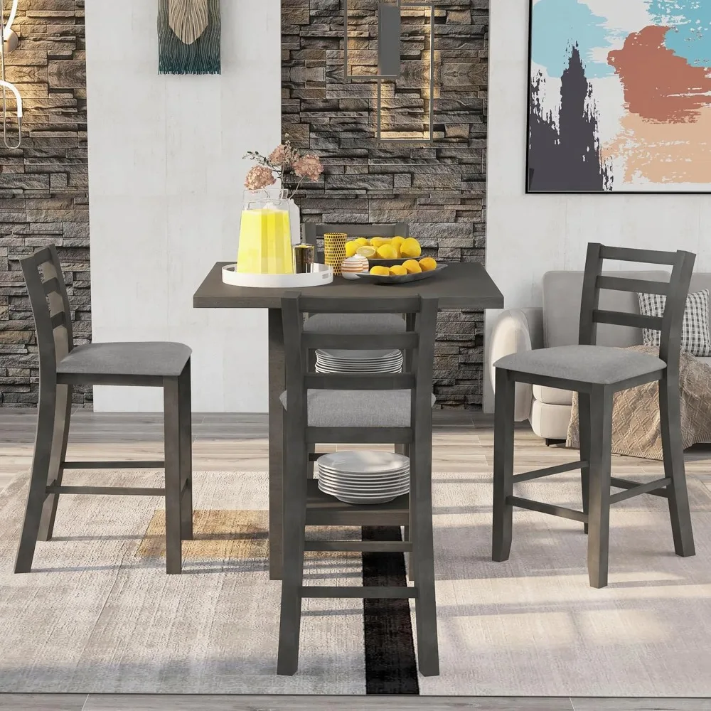 5 Piece Table Set, Tables Set for 4 Wood Kitchen Tables Chairs Set of 4, Table with 2 Tiers Shelf for Storage and Padded Chairs