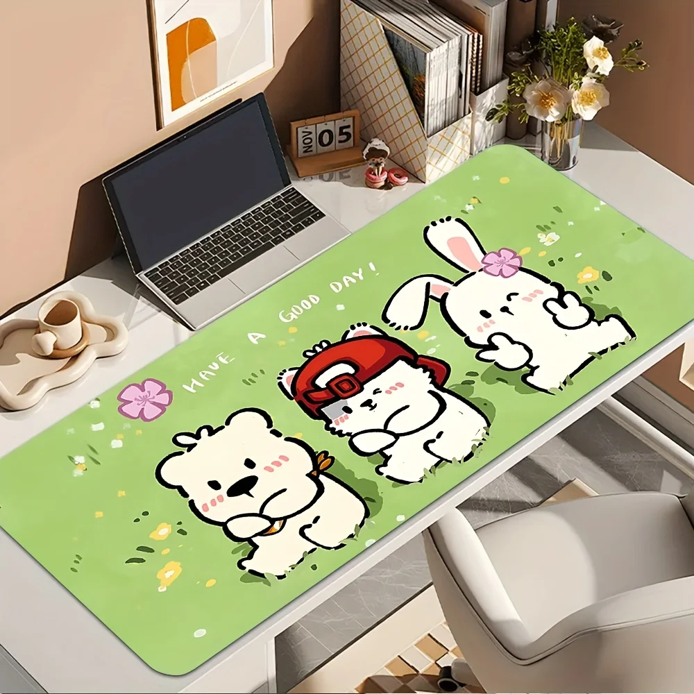 Kawaii Bunny Bear Large Mouse Pad, Green Cartoon Desk Mat, Non-Slip Office Decor