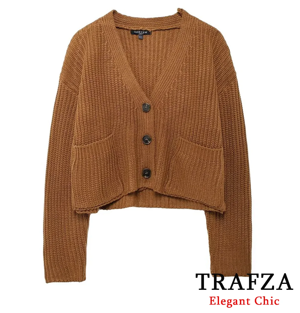 

TRAFZA-Women Vintage Chunky Knit Coat New 2024 Autumn Winter Casual Fashion Coat O-Neck Buttons Pocket Sweater Coat